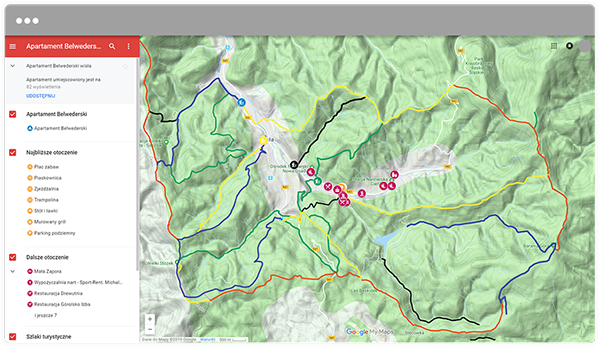 Wirtualna mapa ze szlakami turystycznymi okolice wisły